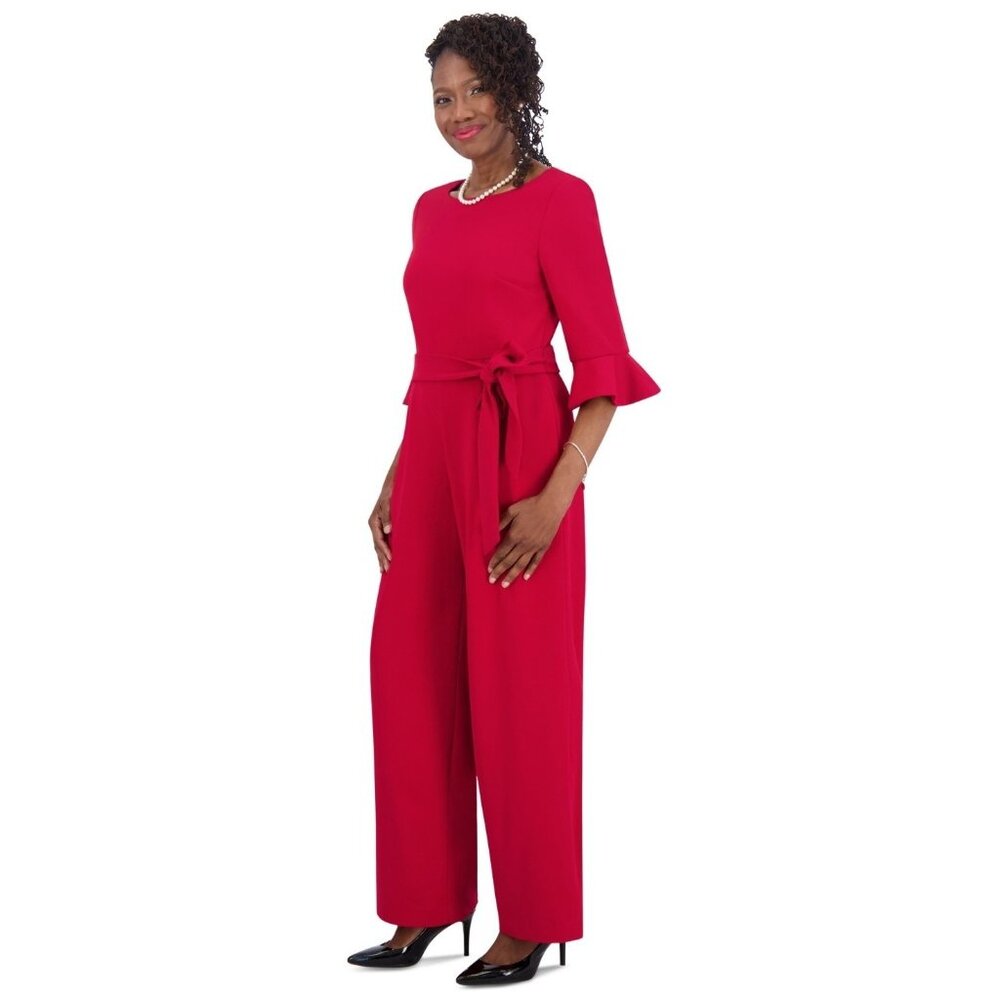 Kasper Women's Boat-Neck 3/4-Ruffle-Sleeve Jumpsuit Red Size S MSRP $129
